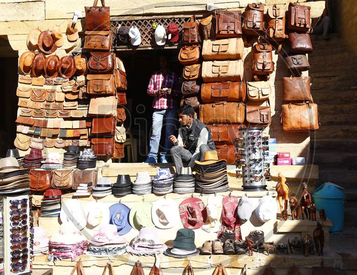 Vendor Stalls With Hats And Caps At Jaisalmer Desert Festival, Rajasthan, India