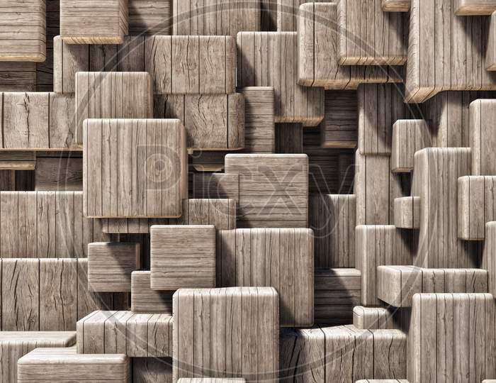 Colorful abstract panoramic background: geometric wood grain cube wall.