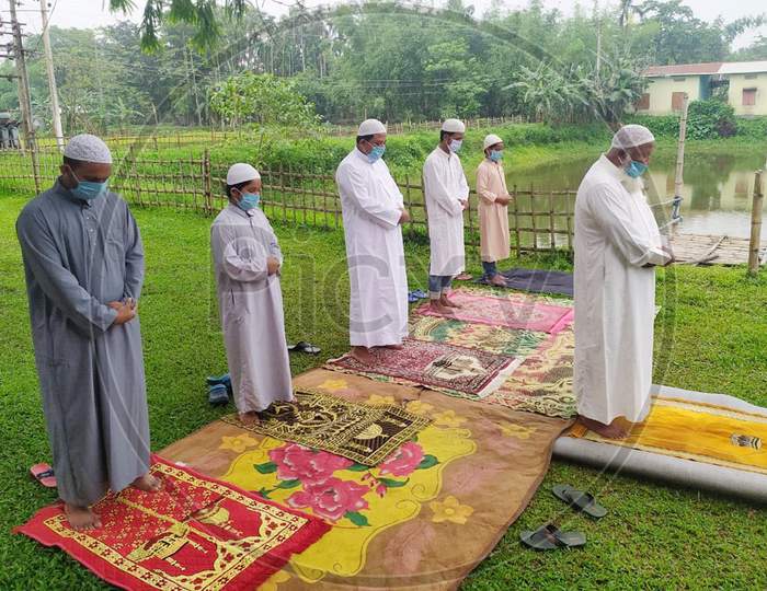 Muslim Men Offers Eid-Al-Fitr Prayers During Nationwide Lockdown Amidst Coronavirus Or COVID-19 Pandemic In Nagaon May 25, 2020
