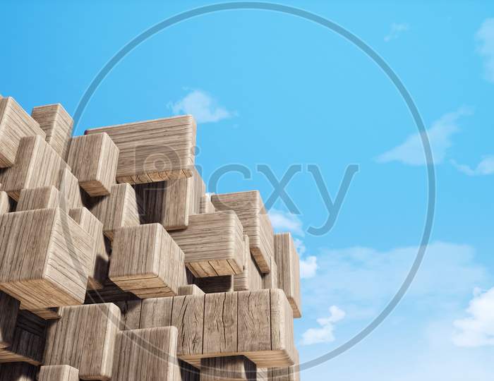Colorful abstract panoramic background: geometric wood grain cube wall.