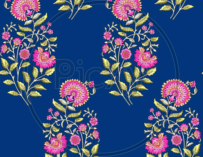Seamless Mughal Floral Pattern With Blue Background
