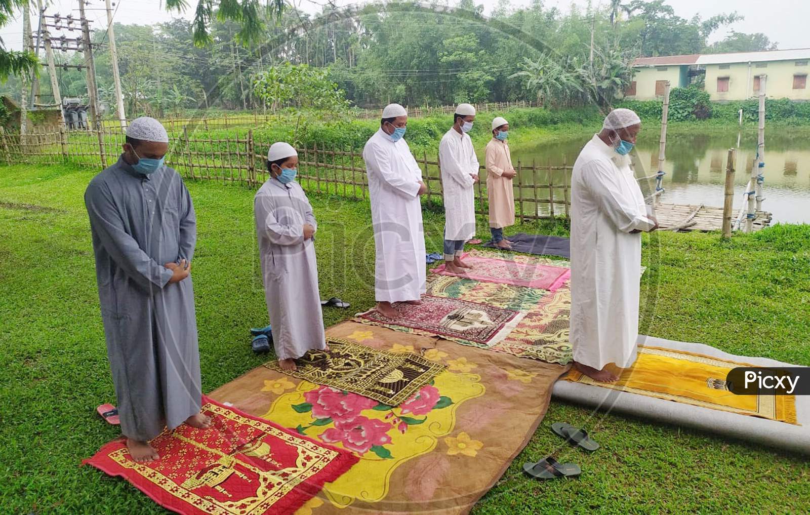 Muslim Men Offers Eid-Al-Fitr Prayers During Nationwide Lockdown Amidst Coronavirus Or COVID-19 Pandemic In Nagaon May 25, 2020
