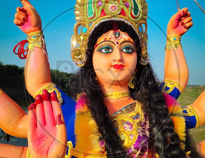 Bhopal, India - October 08,2019: Closeup of face of Goddess Durga, Navratri, Hindu festival. Navratri is the biggest festival in Madhya Pradesh, India