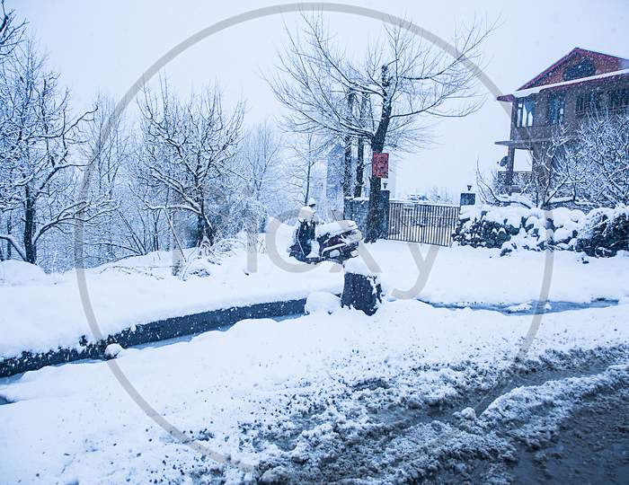 Kashmir, India, January 21, 2019: Snow Covered Houses And Road Trees Just After The Snow Fall Bad Weather Concept