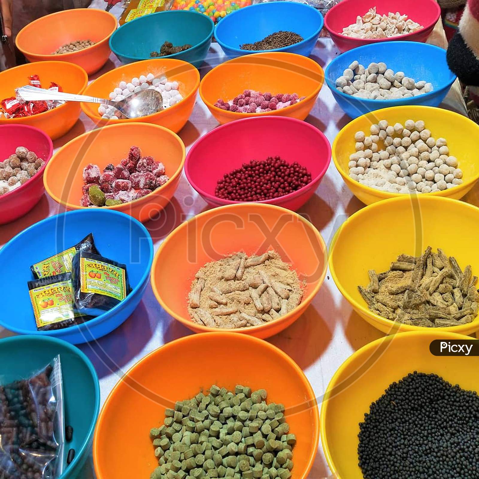 Indian Spices in colourful bowls