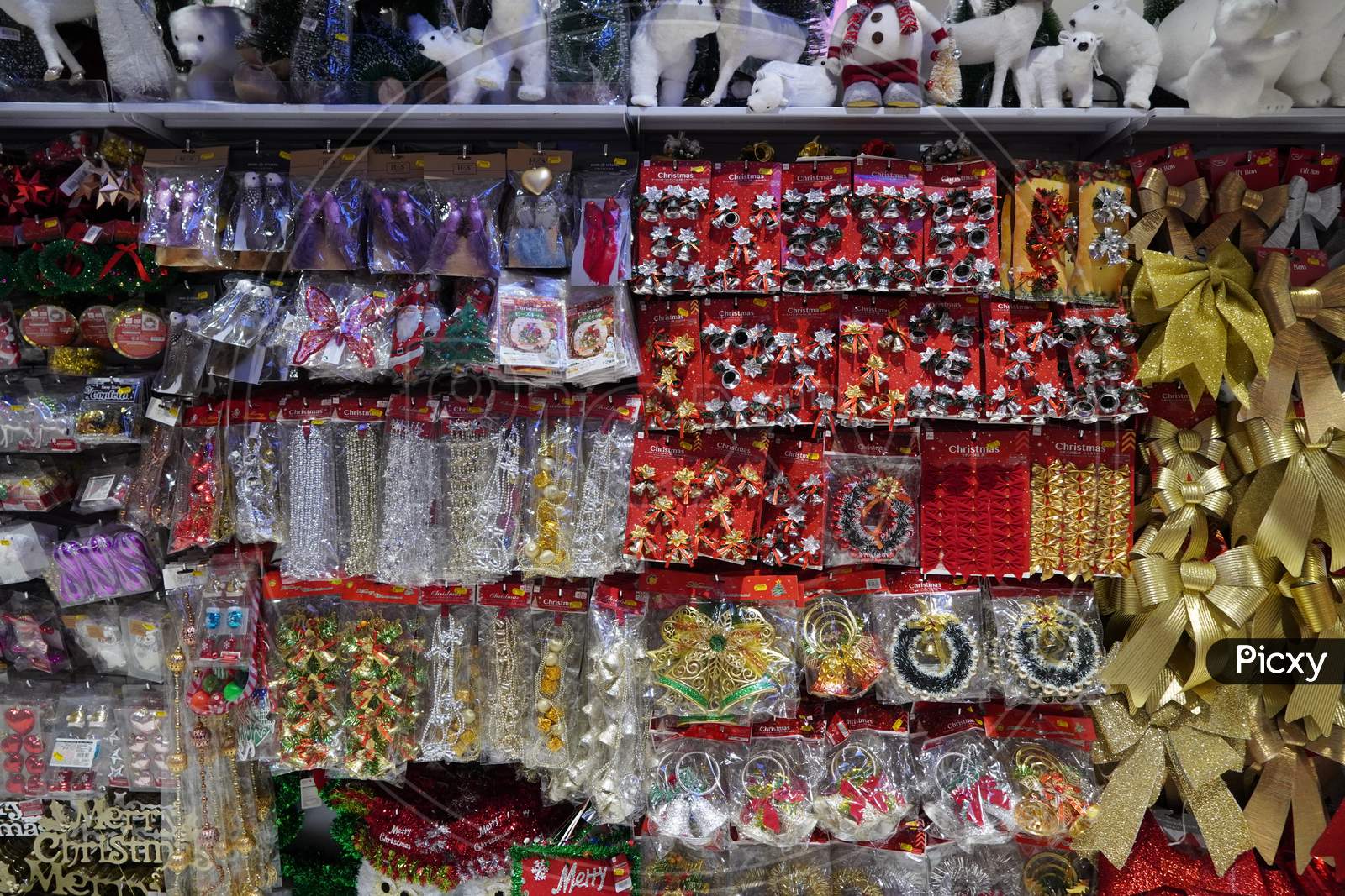 Image of Christmas Market. Christmas Decoration Shelves Filled With Tree Ornaments, Shiny 