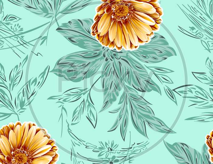 Botanical Collage With Green Leaves Branches Seamless Pattern For Wedding Design