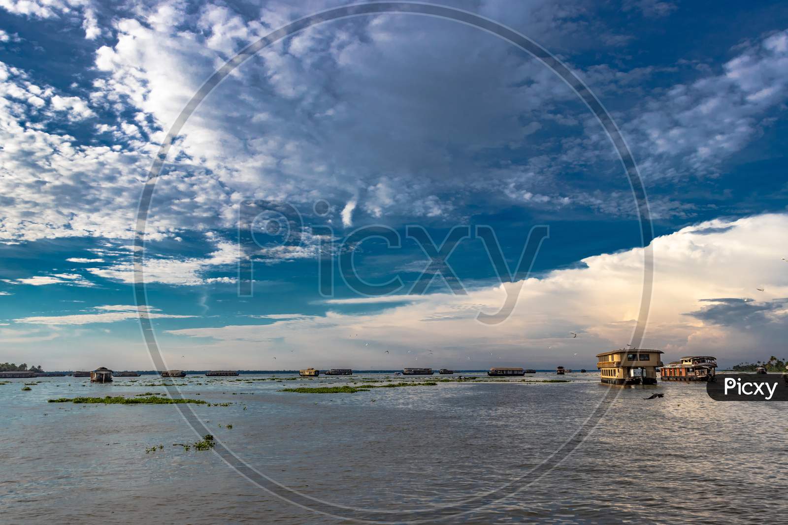 Sky View Above Backwater With Houseboats