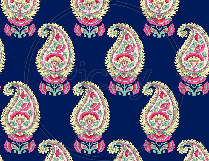 Seamless Indian Paisley With Blue Background
