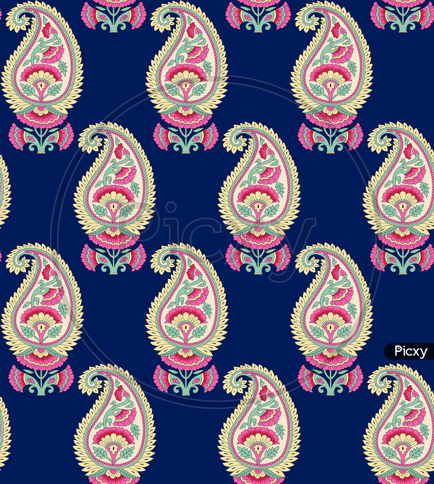 Seamless Indian Paisley With Blue Background