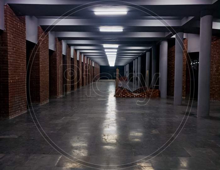 The college hallway at night