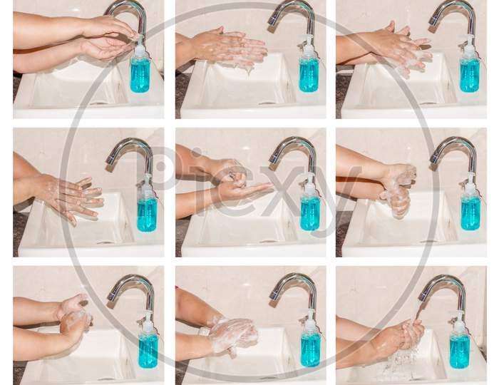 Hand Hygiene - Steps of Cleaning Hands with Hand washing Soap, Corona virus prevention hand wash steps with soap
