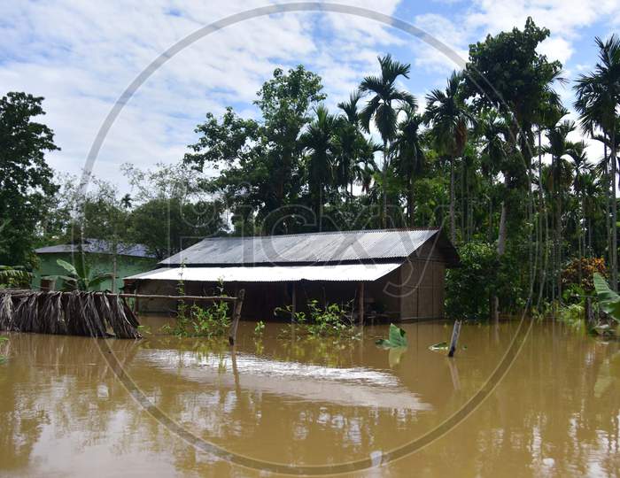 A Submerged Hut At Flood Affected Bakulguri Village Near Kampur In Nagaon District Of Assam On May 27,2020