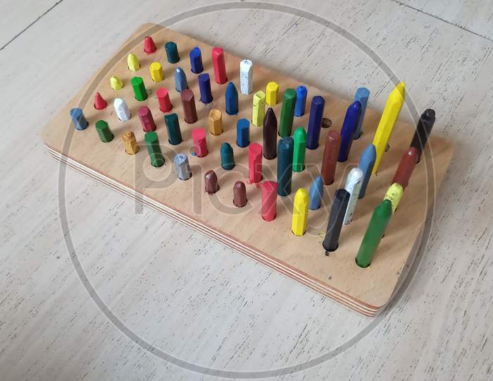 Colourful wooden crayons stand holder  for Montessori classrooms