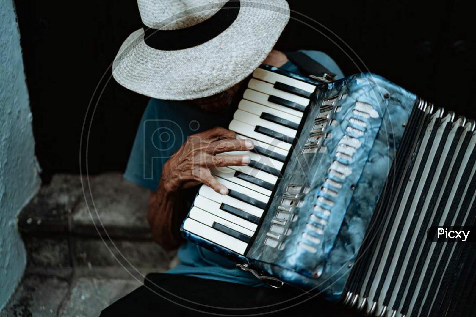 A  man with accordions and concertinas