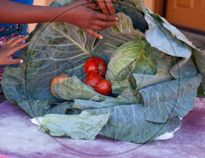 A Fresh Ripe Cabbage Head With Tomatoes