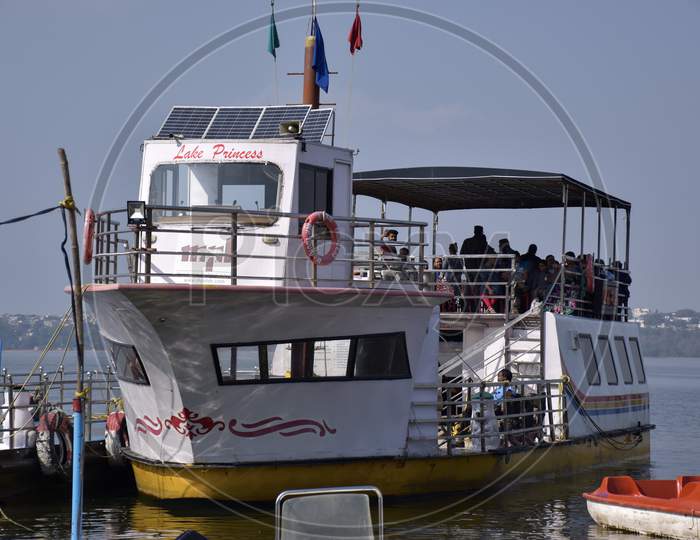 Bhopal, Madhya Pradesh/India - January 17, 2020 : People Sitting On Lake Princess Cruise For Boating, Bhopal