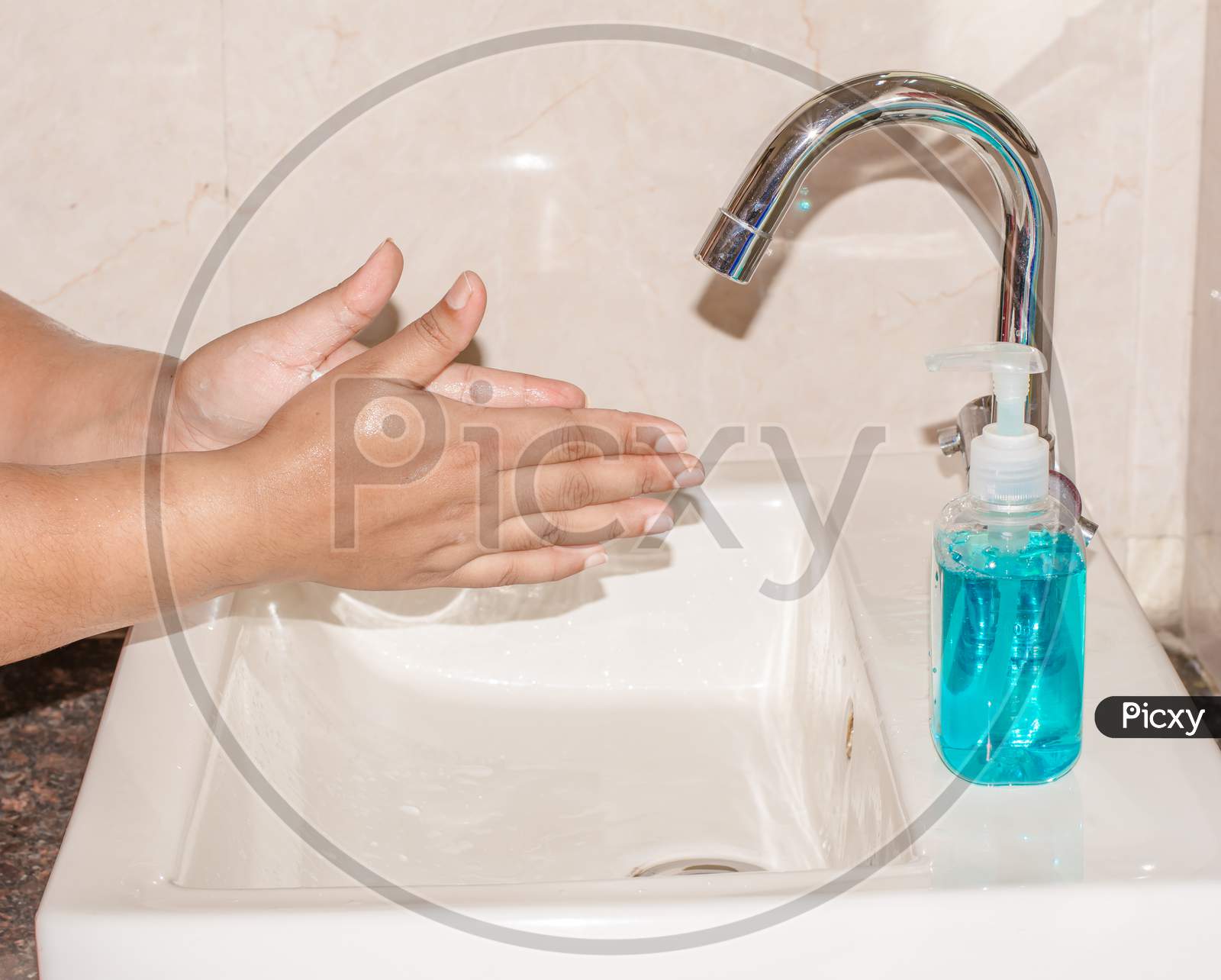 Hand Hygiene - Corona virus prevention, Cleaning Hands with Hand washing Soap. Protection by washing hands frequently