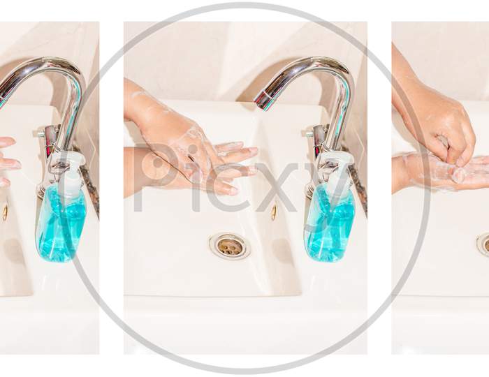 Hand Hygiene - Steps of Cleaning Hands with Hand washing Soap, Corona virus prevention hand wash steps with soap