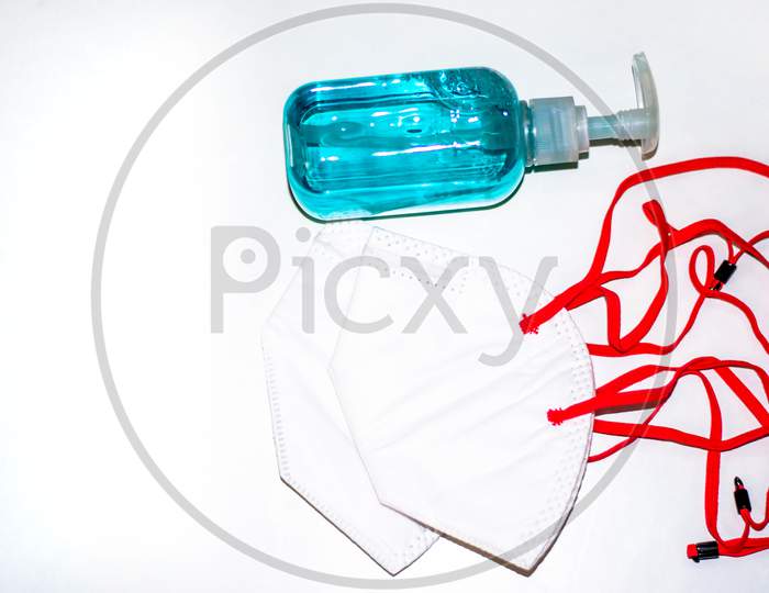 Corona virus prevention surgical masks, and hand sanitizer gel, liquid handwash soap for hand hygiene spread protection.