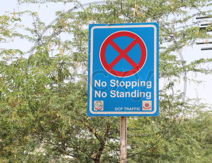 "New Delhi /India -27/05/2020 : Street Signs Are Necessary As They Let People Know About What To Do On The Roads. No Stopping No Standing   Texture In White "