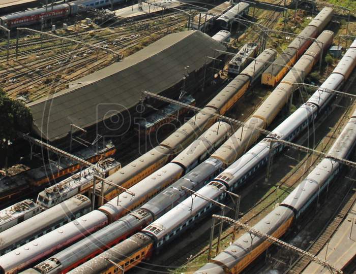 Trains are seen parked at a railway station during a 14-hour long curfew to limit the spreading of coronavirus disease (COVID-19) in the country, in Mumbai, India, March 22, 2020.