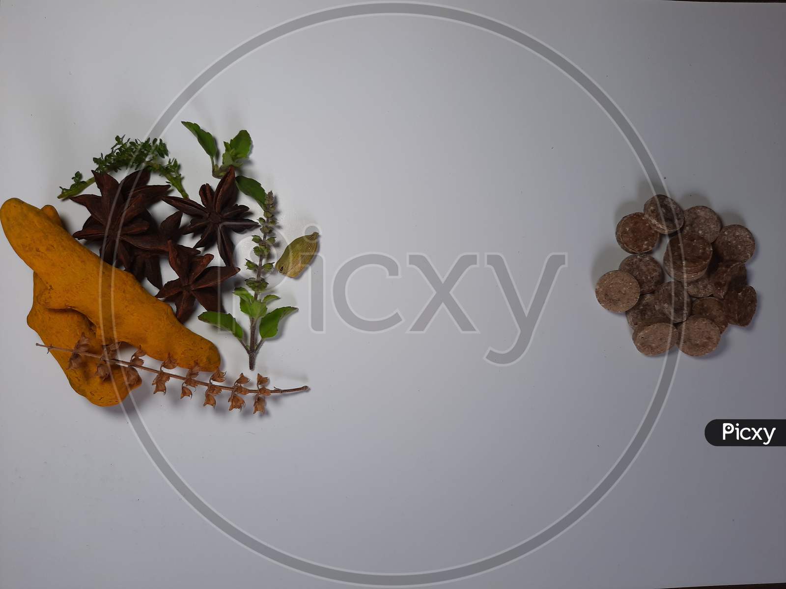 Herbal Medicine Vs Brown Pills Isolated Medicine The Alternative Healthy Care On White Background.