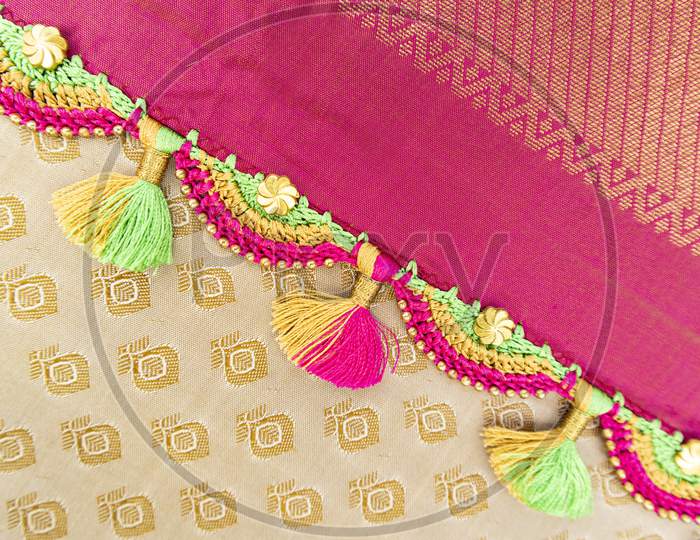Maski, India - October ,6 2019 - Crochet, Tassel Fashion Designing Works On Saree Border.