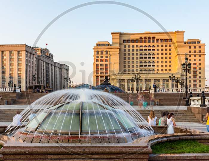 Fountain On Manezhnaya Square In Moscow, Russia