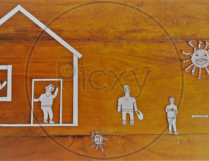Paper Cut Of Family With House ,Paper Cut Family Brown Background House.