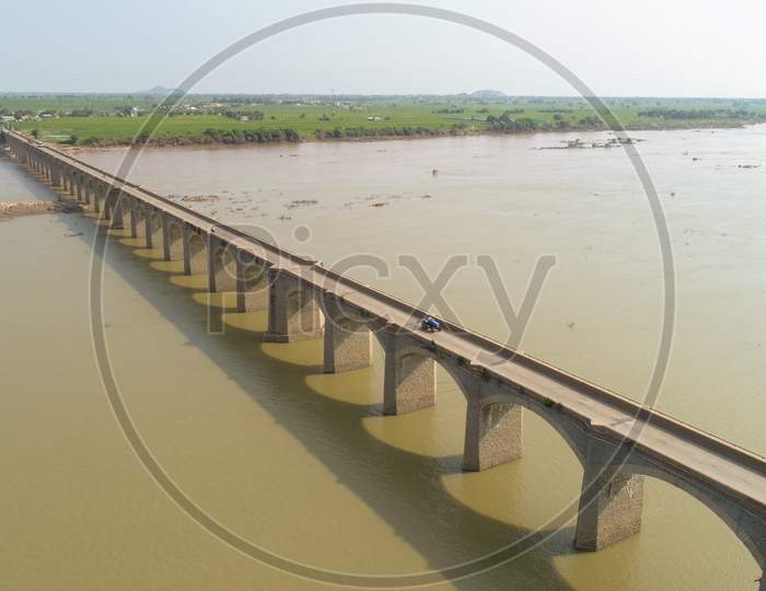 Aerial View, Skyline And Landscape Of Bridge Over Krishna River In Raichur, India