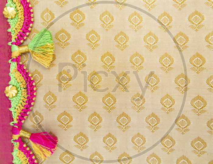 Maski, India - October ,6 2019 - Colorful Crochet, Tassel Fashion Designing Works On Cloth.