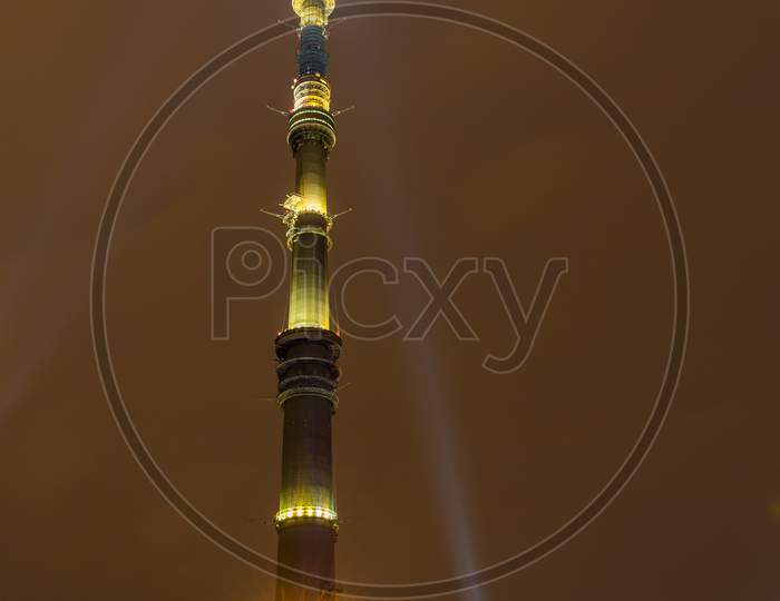 Night View Of Ostankino Tv Tower In Moscow