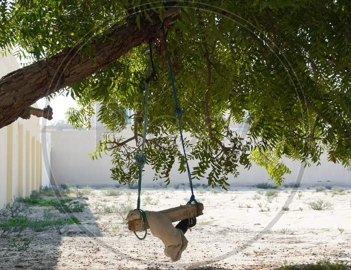 A Dirty Children Tree Swing. Wooden Swing Still Under The Trees In The Fall Leaves And Winter. Wooden Swing On Ropes Under The Big Tree In A Shaded Sandy Area.