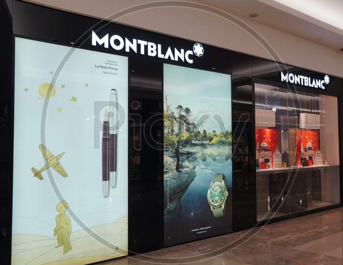 View Of Montblanc Store. Storefront Of Montblanc High-End Accessory Fashion Shop Logo. German Manufacturer Luxury Watches, Writing Instruments, Jewellery, Leather Goods - Dubai Uae December 2019