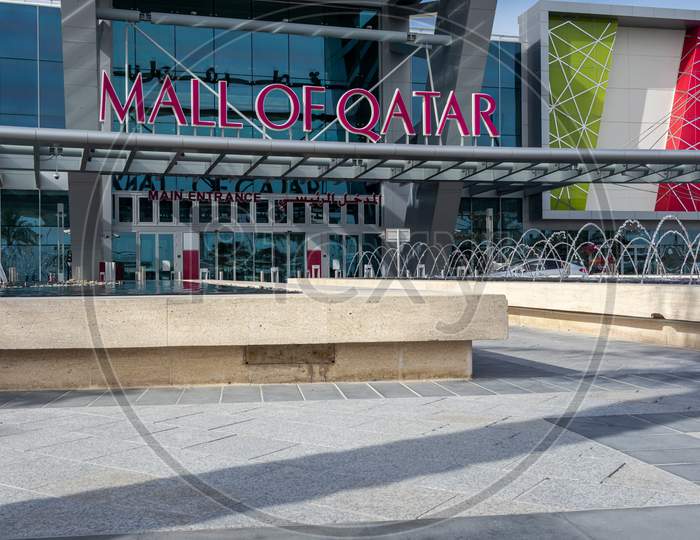 Mall of Qatar main entrance closed during Corona virus pandemic daylight view