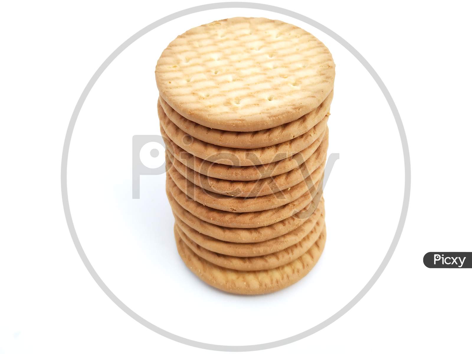 Digestive whole wheat round biscuits isolated on white back ground