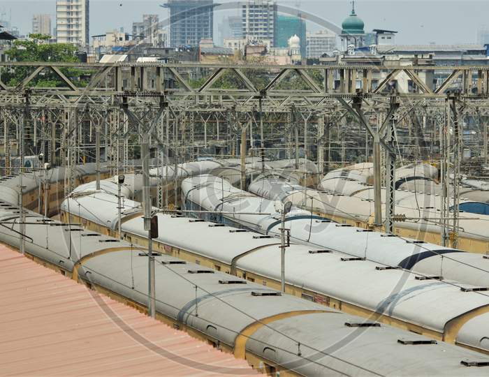 Trains stand parked at Chhatrapati Shivaji Maharaj Terminus during the first day of a 21-day government-imposed nationwide lockdown as a preventive measure against the COVID-19 coronavirus, in Mumbai, India on March 25, 2020.