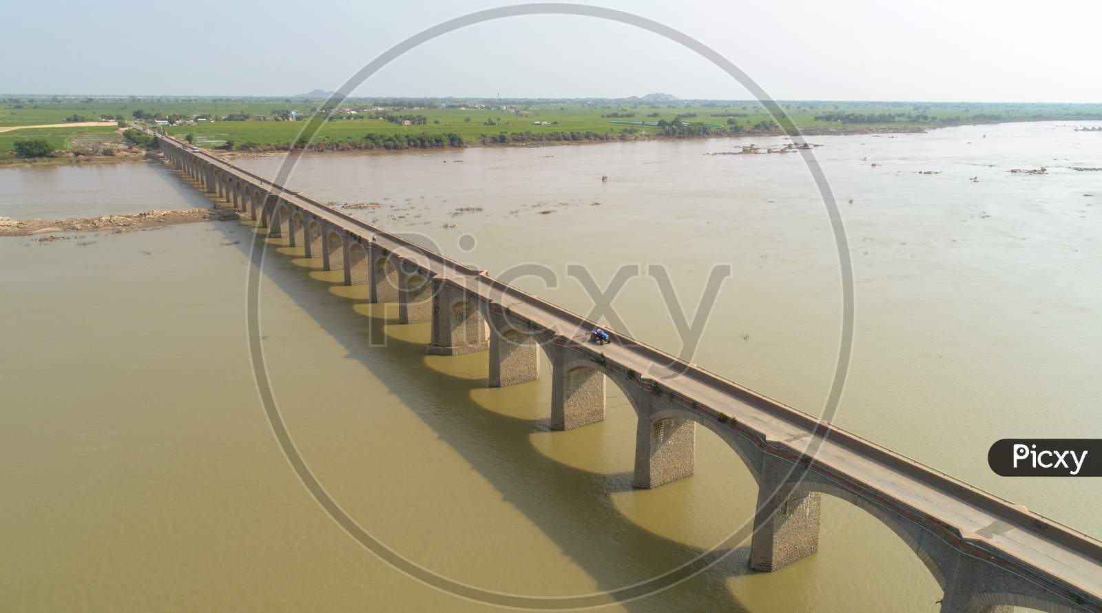 Aerial View, Skyline And Landscape Of Bridge Over Krishna River In Raichur, India
