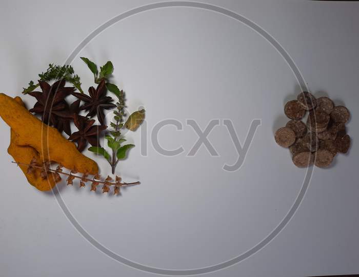 Herbal Medicine Vs Brown Pills Isolated Medicine The Alternative Healthy Care On White Background.