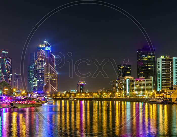 View Of The Moscow International Business Centre Above The Moskva River In The Night