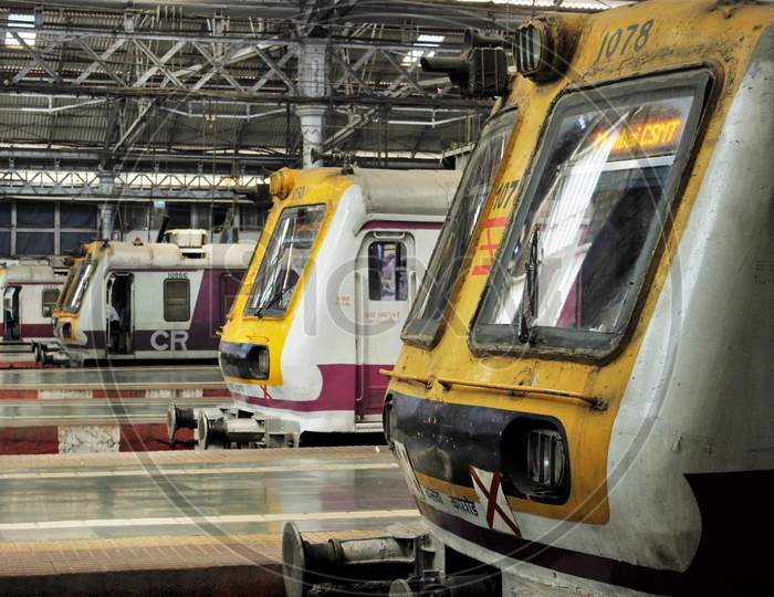 Local trains are seen lined up at Chhatrapati Shivaji Maharaj Terminus during a 14-hour long curfew to limit the spreading of coronavirus disease (COVID-19) in the country, in Mumbai, India on March 22, 2020.