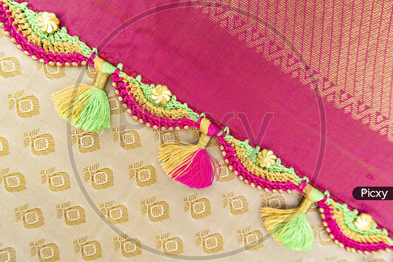 Maski, India - October ,6 2019 - Crochet, Tassel Fashion Designing Works On Saree Border.