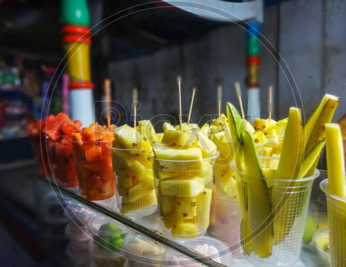 Ingredient sweet pineapple, mango vegetarian street food photography