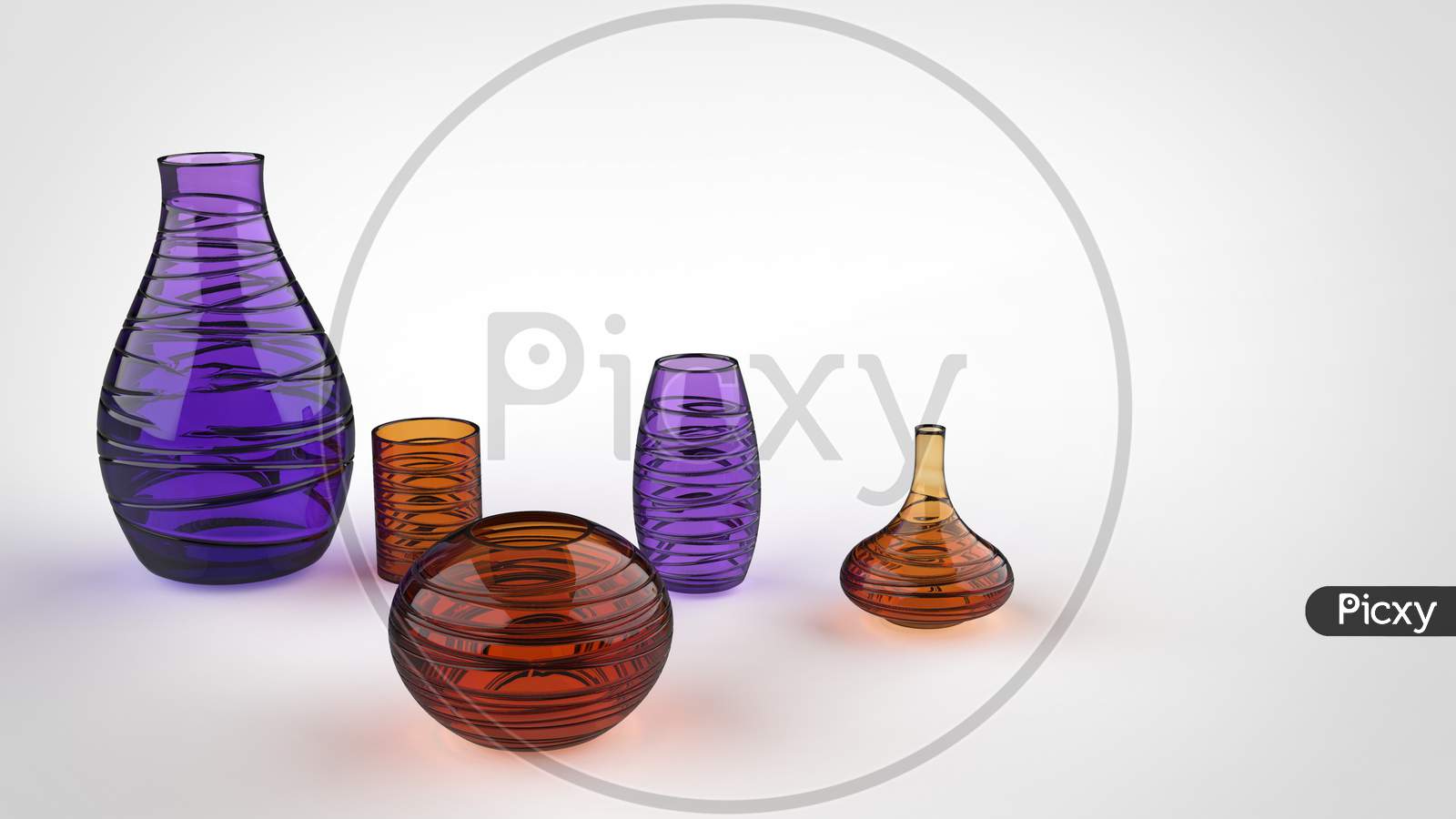 3D Render Of Different Shaped Glass Material Flower Vases In White Background With Space For Text.