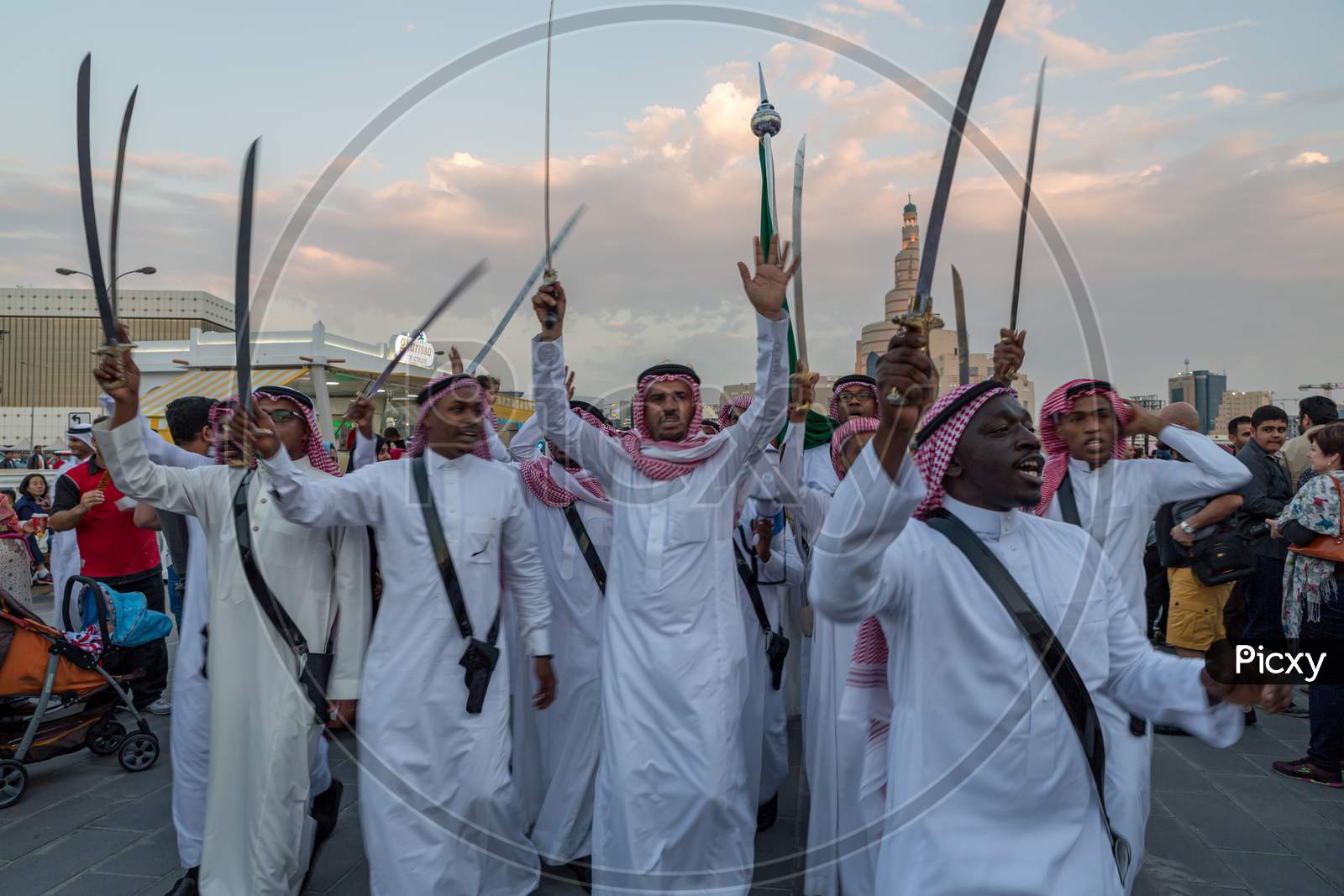 Traditional Arabic folklore dance  from Saudi Arabia in Souk Waqif spring festival,Doha Qatar