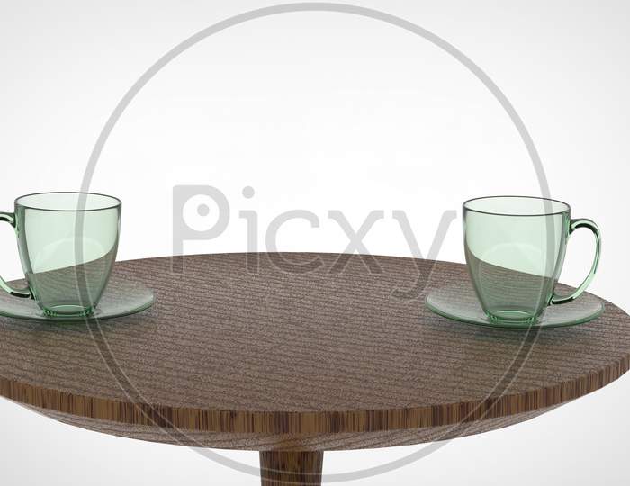 3D Render Of A Textured Wooden Table Top With Two Set Of Glass Tea Cup And Plate