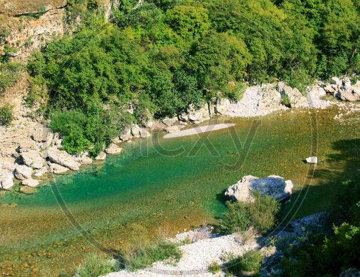 Moraca River Under Rzaca Mountain In Montenegro