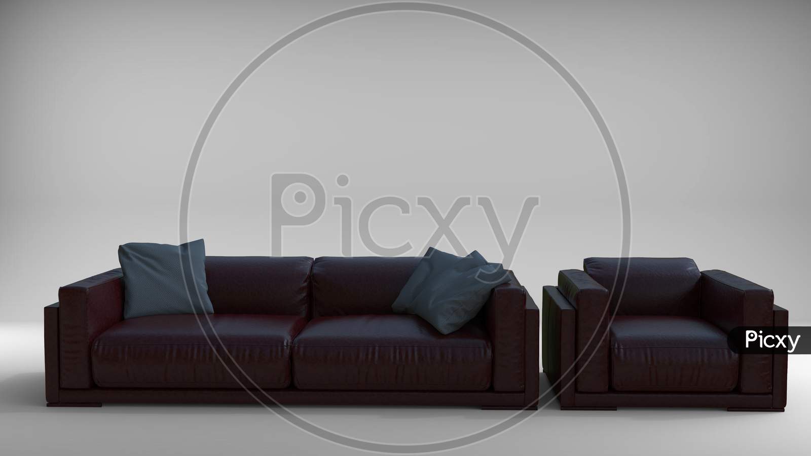 3D Render Of Double And Single Couch Sofa Set With Cushions Under Blue Ambient Lighting. Concept Home Interior Decoration Furniture