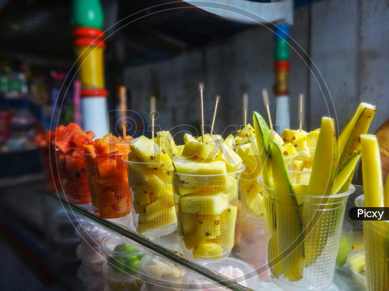 Ingredient sweet pineapple, mango vegetarian street food photography